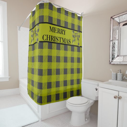 Rideaux De Douche Plaid de buffle vert et noir, Joyeux Noël (En situation)