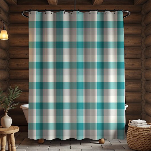 Rideaux De Douche Plaid Rustique Turquoise Gris Beige