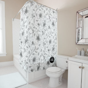 Rideaux De Douche Plan floral esquissé Motif gris/Wht ID939