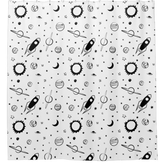 Rideaux De Douche Planètes spatiales modernes en noir et blanc (Devant)