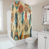 Rideaux De Douche Plumes bleues de la tribu Aztec Boho (En situation)