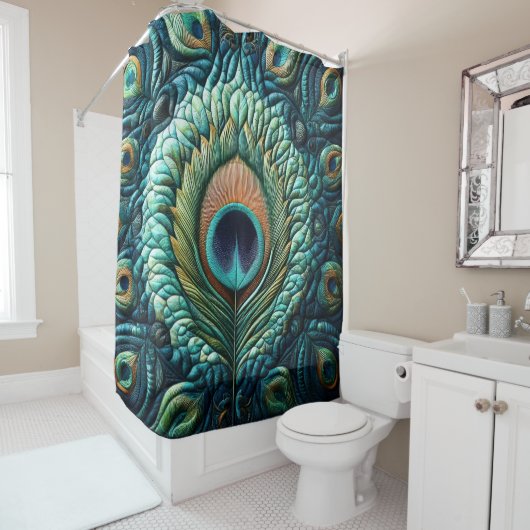 Rideaux De Douche Plumes Peacock Bleu Quilté Design (En situation)