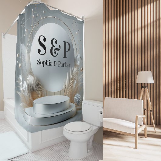 Rideaux De Douche Podium Gris Argent Monogramme Écriture Moderne Mar