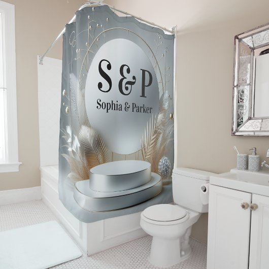 Rideaux De Douche Podium Monogramme Moderne Argent Gris Mariage