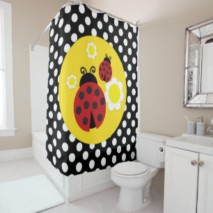 Rideaux De Douche Points de polka Fleurs jaunes Coccinelle rouge fan