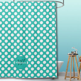 Rideaux De Douche Points de Polka Turquoise & Nom de Famille Initial
