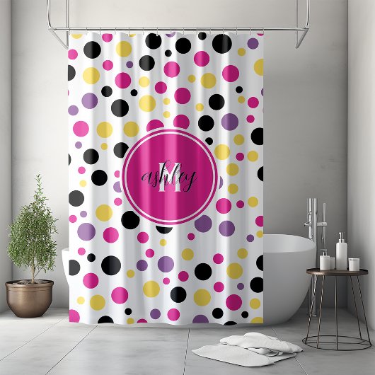 Rideaux De Douche Pois de monogramme rose rétro