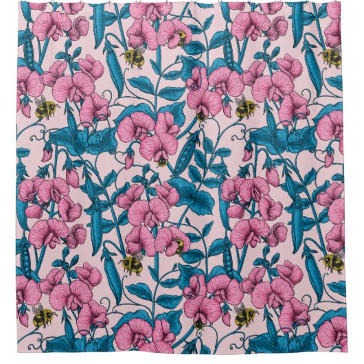 Rideaux De Douche Pois doux et bourdons, rose et bleu (Devant)