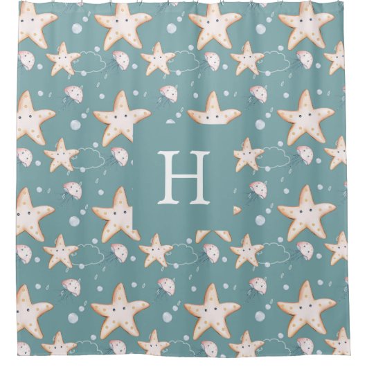 Rideaux De Douche Poisson étoilé vert cygne foncé monogramme (Devant)
