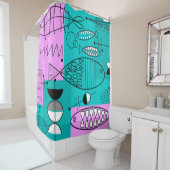 Rideaux De Douche Poisson moderne du milieu du siècle Art rose bleu (En situation)