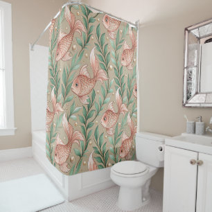 RIDEAUX DE DOUCHE POISSON ROSE ET PLANTES AQUATIQUES VERTES & FEUILL