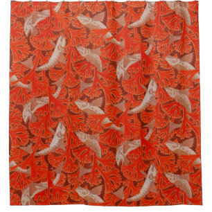 Rideaux De Douche POISSONS ET ALGUES ROUGES Motif animalier Art Nou