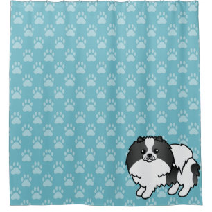 Rideaux De Douche Pomeranian noir et blanc sur bleu et pattes de chi