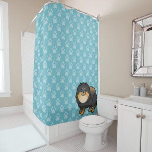 Rideaux De Douche Pomeranian noir et feu sur fond bleu et pattes de
