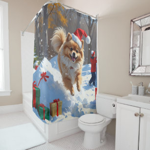Rideaux De Douche Poméranien courant dans la neige avec un chapeau d