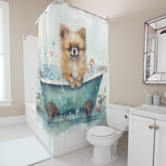 Rideaux De Douche Poméranien dans la baignoire aquarelle chien art (En situation)