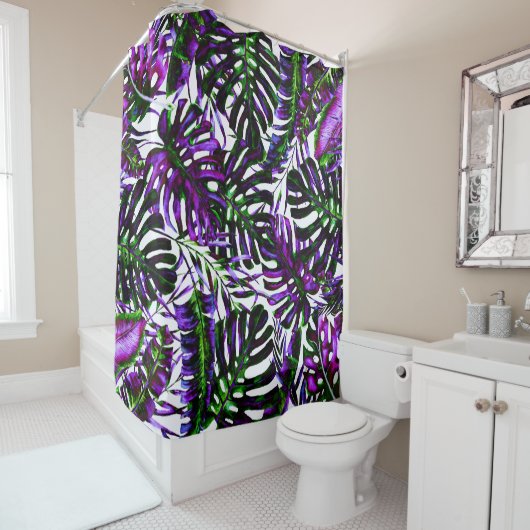 Rideaux De Douche Pop de couleur électrique Palme tropicale Île Feui (En situation)