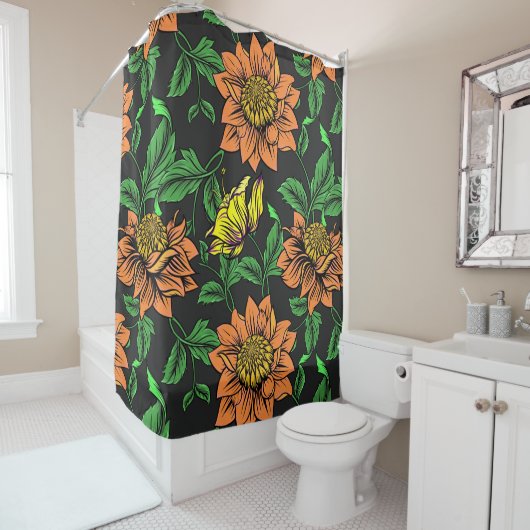 Rideaux De Douche Pop Fleurs Lumineuses de l'Arrière - plan noir (En situation)