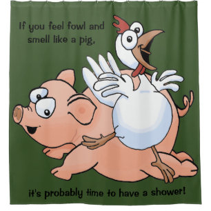 Rideaux De Douche Porc et poulet énormes de bande dessinée sur un