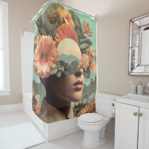 Rideaux De Douche Portrait Féminin Surréaliste avec Éléments Floraux