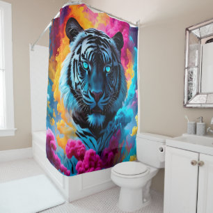 Rideaux De Douche Portrait Néon Bleu Électrique du Tigre des Neiges