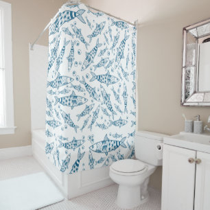 Rideaux De Douche Portugais Lisbonne Sardines Motif Azulejos Blanc