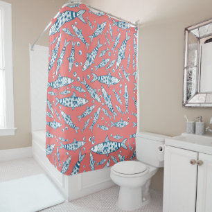 Rideaux De Douche Portugais Lisbonne Sardines Motif Azulejos rose
