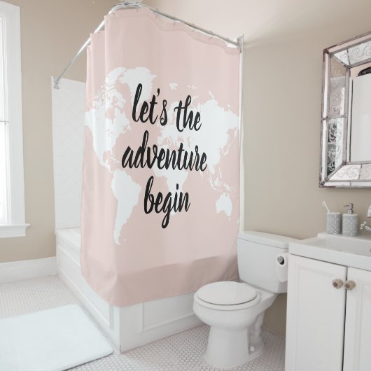 Rideaux De Douche Positive rose Commençons l'aventure Carte du Monde (En situation)