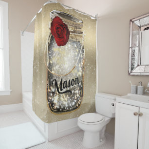 Rideaux De Douche Pot Mason Rose Rouge Glamour Étincelle Dorée