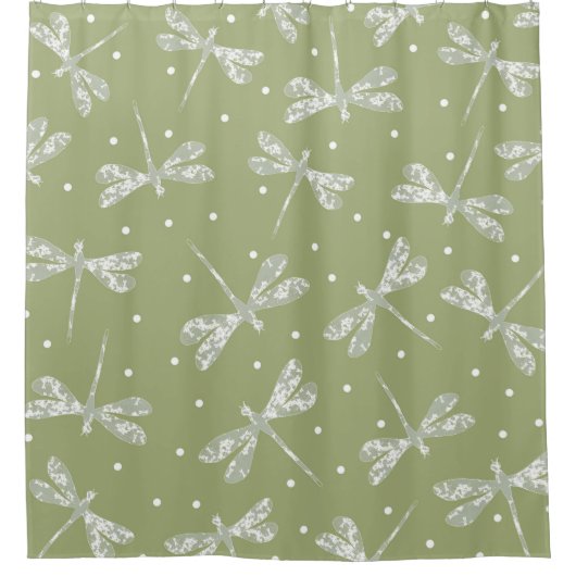 Rideaux De Douche Pots blancs et libellules vert olive (Devant)