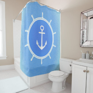 Rideaux De Douche Poudre Ancrage et roue nautique bleu et blanc