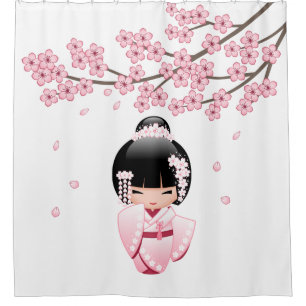 Rideaux De Douche Poupée Kokeshi au kimono rose