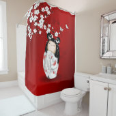 Rideaux De Douche Poupée Kokeshi Rouge Noir Blanc Cerisier Fleurs (En situation)