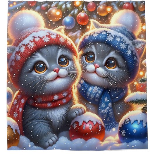 Rideaux De Douche "Premier Noël des chatons gris et blancs" (Devant)