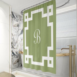 Rideaux De Douche Preppy Monogramme blanc Clé grecque Bordure Moss V