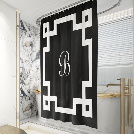 Rideaux De Douche Preppy Monogramme blanc Clé grecque Bordure noire