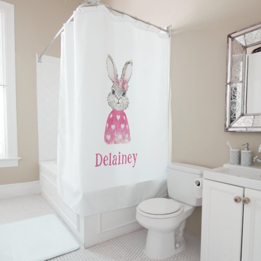 Rideaux De Douche Preppy Pink Heart Bunny Bow Personnalisé (En situation)