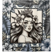Rideaux De Douche Princesse polynésienne Bleu Floral Tribal (Devant)