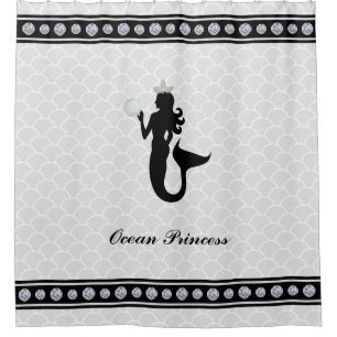 Rideaux De Douche Princesse Sirène Silhouette Noire sur Gris Argent