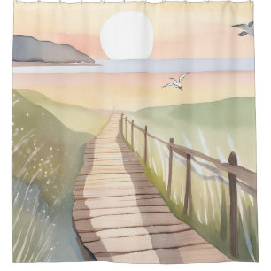 Rideaux De Douche Promenade Océanique Aquarelle de coucher de sole