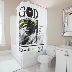 Rideaux De Douche Psaume 121:2 Neon Lime Œil de Dieu CRT Glitch Art