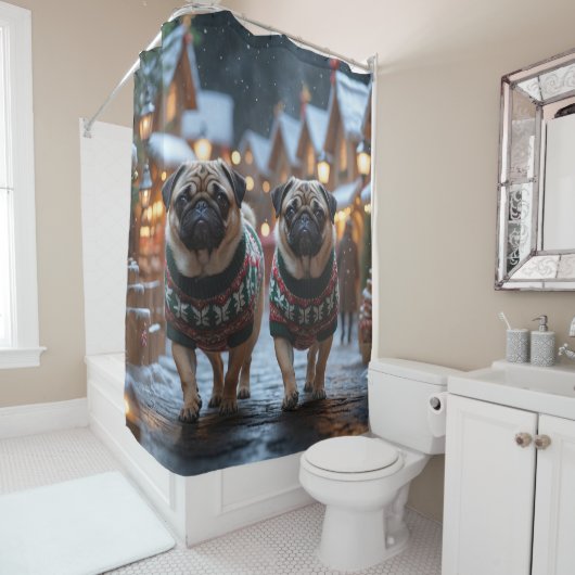 Rideaux De Douche Pug Dogs Christmas Snow Holiday (En situation)