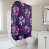 Rideaux De Douche Purple and Pink Flowers Black Background (En situation)