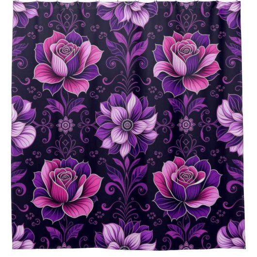 Rideaux De Douche Purple and Pink Flowers Black Background (Devant)