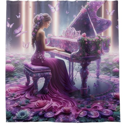 Rideaux De Douche Purple Enchanted Garden Piano Player (Devant)