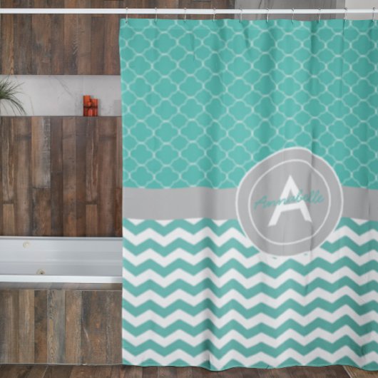 Rideaux De Douche Quatrefoil turquoise Grey Chevron