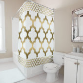 Rideaux De Douche Quatrefole Blanc Et Or Avec Bordure (En situation)
