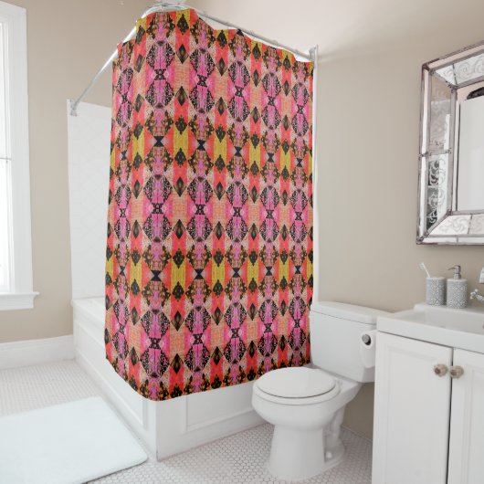 Rideaux De Douche Quilt Patch noir rose rétro Boho (En situation)
