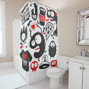 Rideaux De Douche Quirky Black et Red Monster Doodles