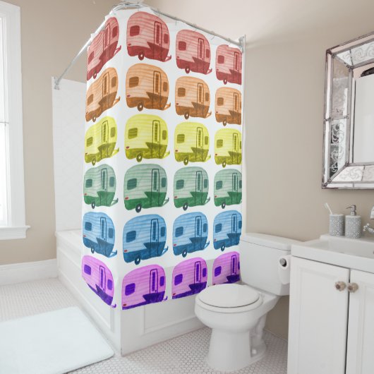 Rideaux De Douche Rainbow Retro RV Trailer Camper Aquarelle (En situation)